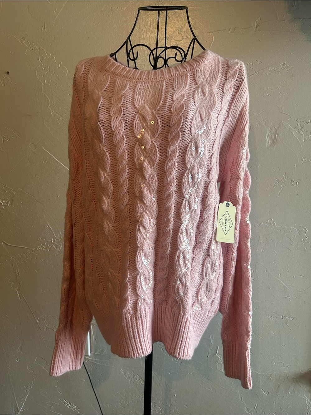 St. John's Bay Pink Parfait Cable Knit Crewneck Sweater with Sequin Accents